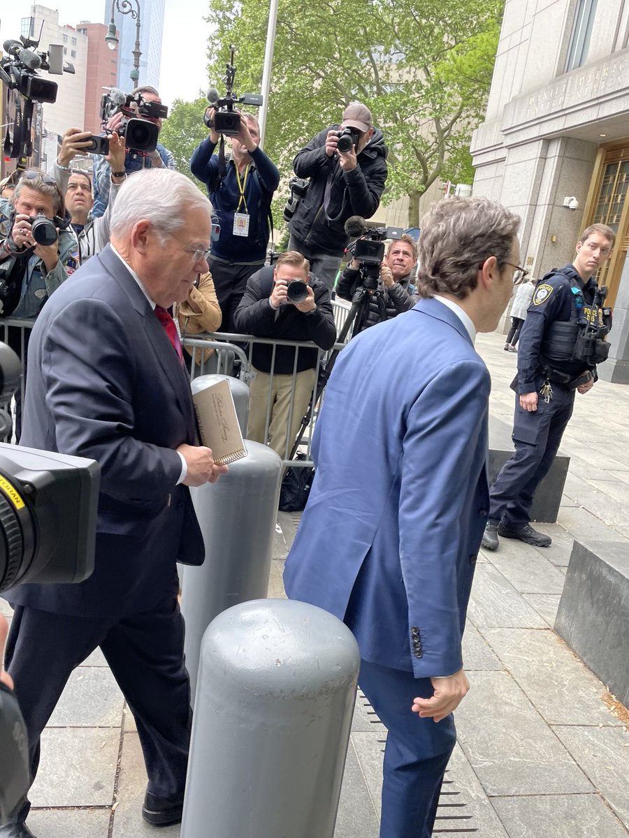 Senator Robert Menendez, Democrat of New Jersey, has arrived at federal court in Manhattan, where he will go on trial later this morning in a vast international bribery scheme. No comment from Menendez on the case, outside a few words of Spanish.