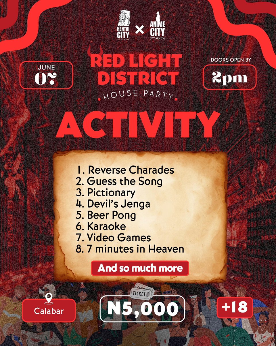 HentaiCityNG's tweet photo. Adventure time, Com’n grab your friends to The Red Light District on the 7th of June 😍🎮💃🏽                

E-tickets will be available for purchase by the 14th of May, but venue still remains undisclosed till further notice 🤫🙂 https://t.co/JmKZBlOVIJ