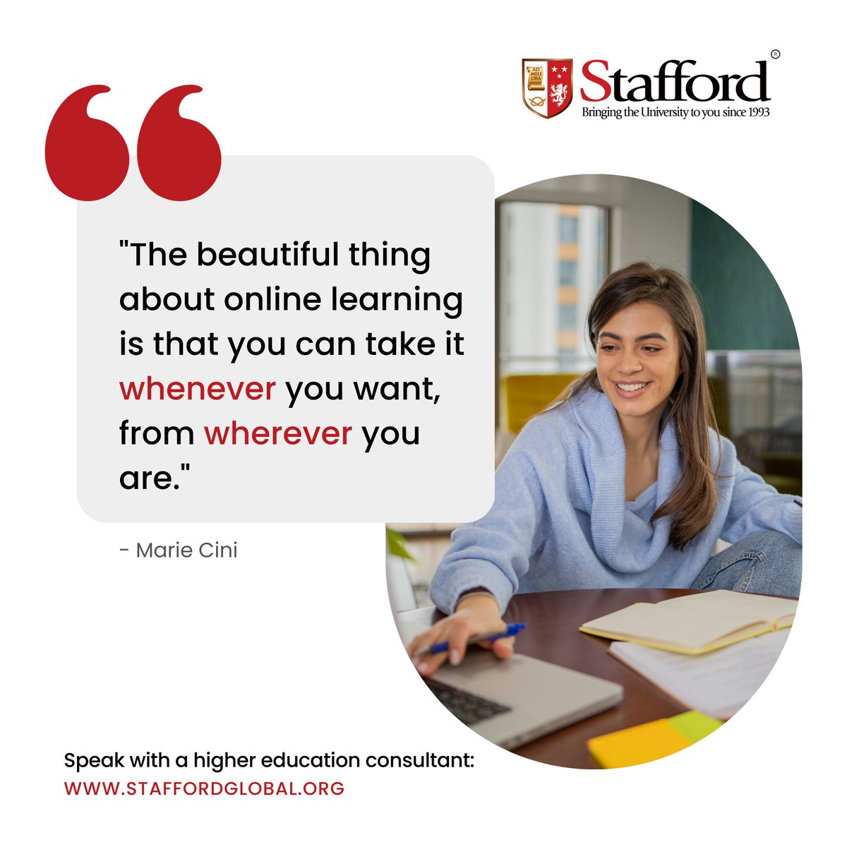 No more putting your dreams on hold. With online courses, you can study at your own convenience - at home, during work breaks, or even while travelling the world! How will you leverage the flexibility of online learning?💬 🌐 staffordglobal.org #LifelongLearning