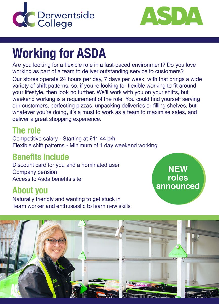 We are excited to launch our next ASDA Stanley Recruitment Academy. You will learn job relevant skills and secure a guaranteed interview for one of these in demand roles. Starting Monday 20 May, for 3 weeks. Find out more - ow.ly/UOMI50RA72O @JCPinDurhamTees @JCPinNTW