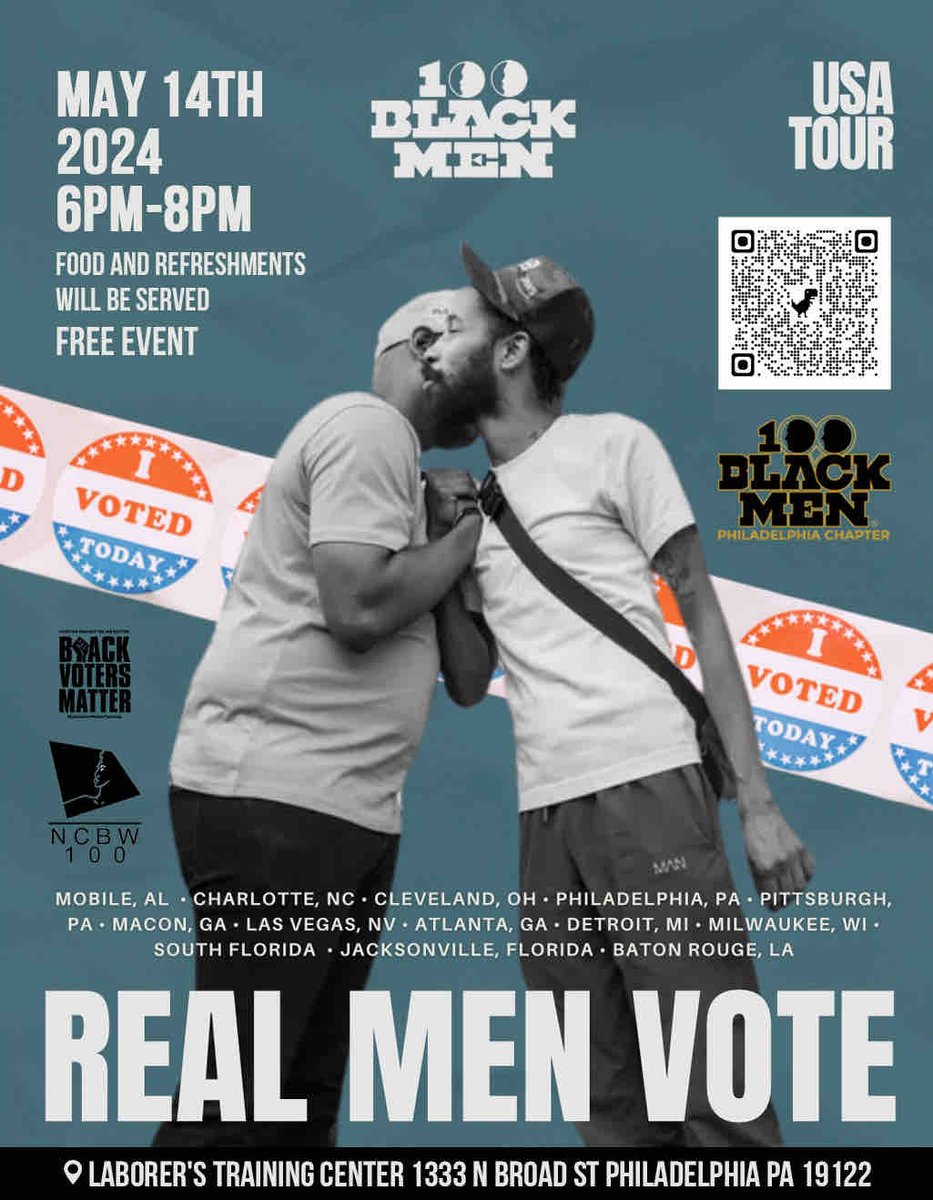 NC100BWPA's tweet image. Join #NC100BWPA in collaboration with 100 Black Men of America, 100 Black Men of Philadelphia and Black Voters Matter Fund for the “Real Men Vote 2024” USA Tour! Registration required via: 100bmp.eventbrite.com

#RealMenVote2024 #100BMOA #100BMOP