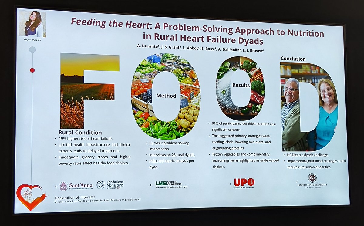 #Nurses #AHP poster session. Angela Durante Feeding the heart. Rural populations have 19% greater risk of heart failure Nutritional strategies need implementation in the patient and carer dyads. #HeartFailure2024