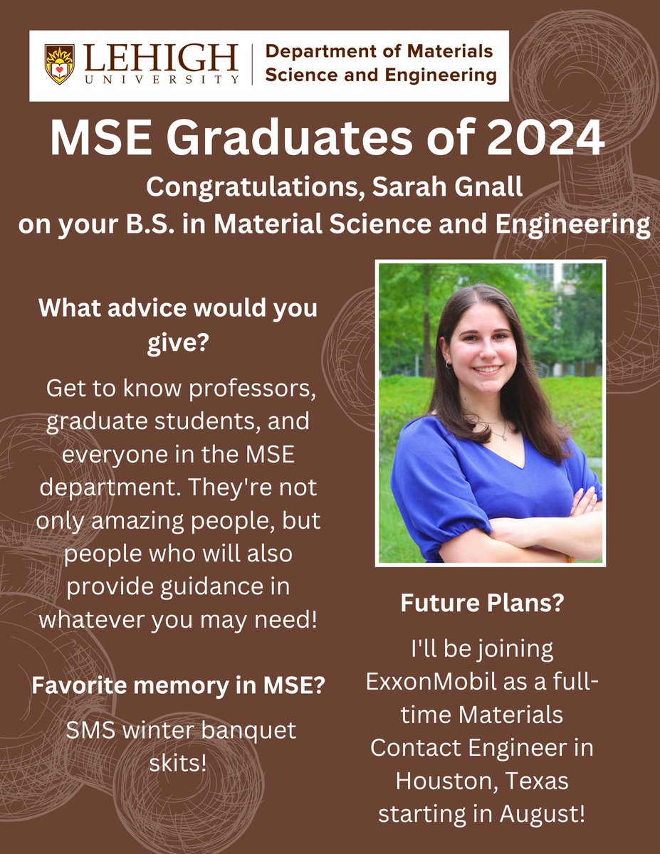 Lehigh MSE (@lehighmse) on Twitter photo Congrats on your B.S. in Materials Science Sarah Gnall! We know you will do great things, good luck at <a href="/exxonmobil/">ExxonMobil</a>! Congrats on your B.S. in Materials Science Sarah Gnall! We know you will do great things, good luck at <a href="/exxonmobil/">ExxonMobil</a>!