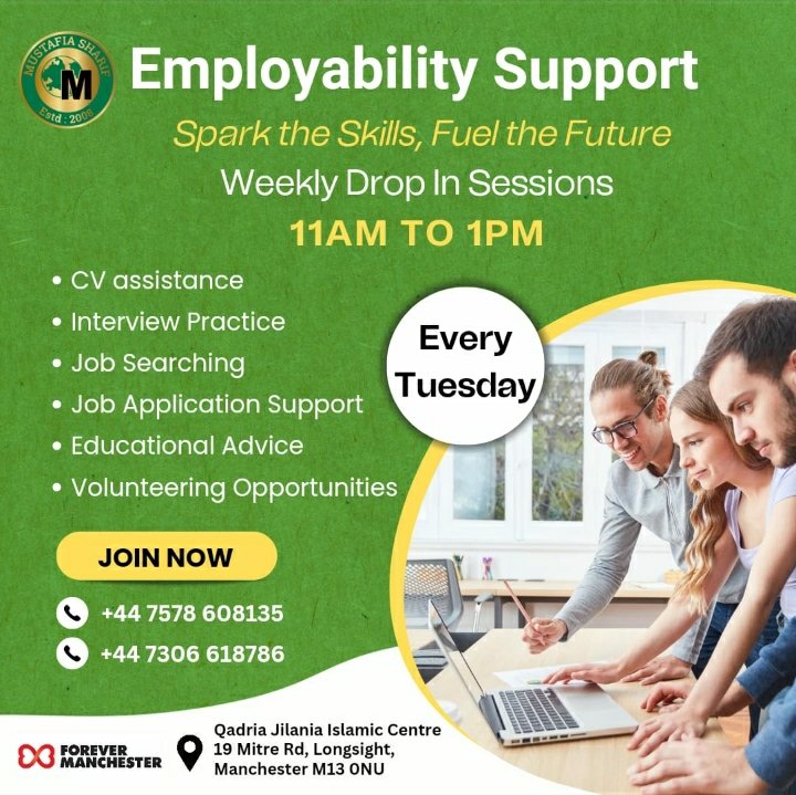 18+ & jobless? Join our Employability & Education Project with @4EVERManchester for insights, skills, and opportunities! Boost your career now! Contact: +44 7578 608135 Location: Qadria Jilania Islamic Centre, Manchester #UKJobs #ManchesterJobs #CareerOpportunities
