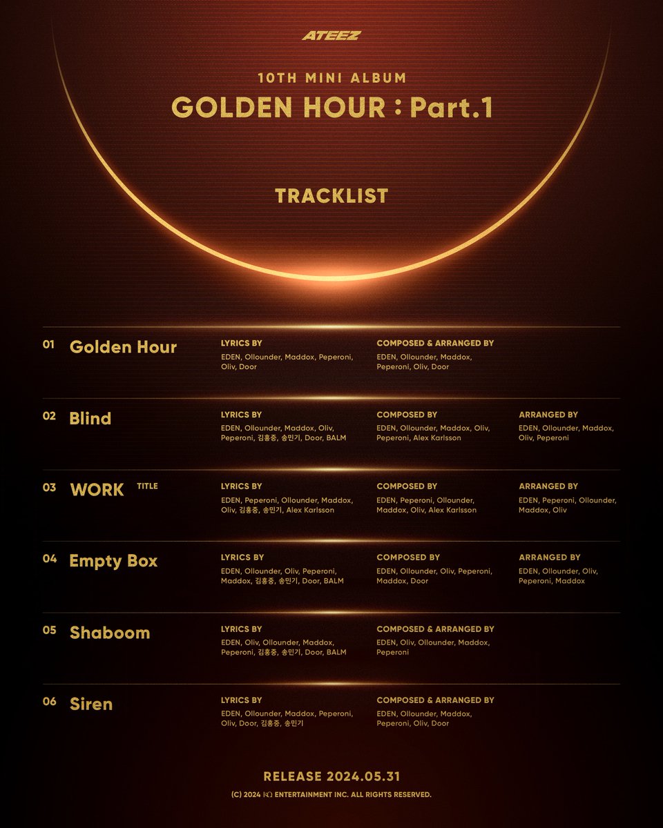 [📷] ATEEZ(에이티즈) GOLDEN HOUR : Part.1 Tracklist Poster ⠀ 2024. 05. 31 1PM RELEASE ⠀ #ATEEZ #에이티즈 #GOLDENHOUR #GOLDENHOUR_Part1 #WORK