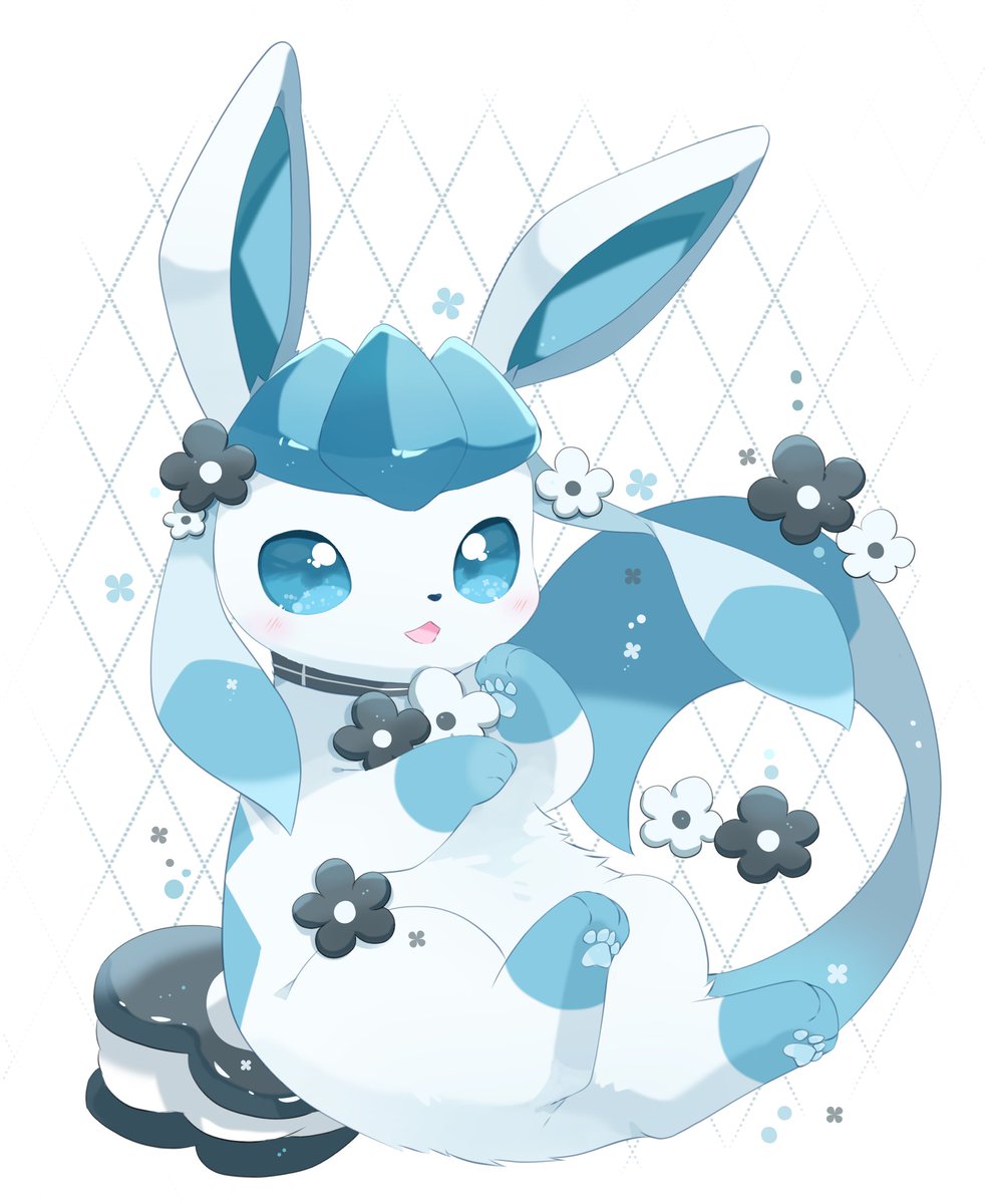 glaceon solo looking at viewer blush open mouth blue eyes simple background white background  illustration images
