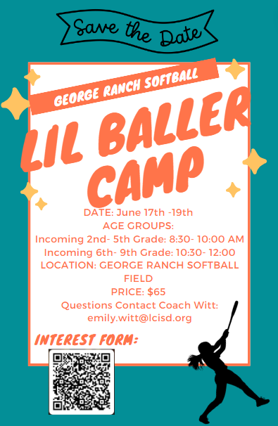 Let's ball out!! 🤠Join us for our @GeorgeRanchSB inaugural lil' baller softball camp!🥎Work with past and returning players to develop and build skill while having some fun in the sun! If interested, complete the following form! #WeAreGR @GRHSABC2 @pinkpatterson @CoachADutch
