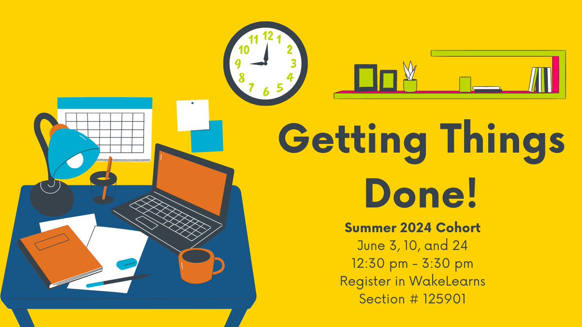 We have a few spots available for our Summer 2024 cohort of Getting Things Done! Go into the summer with a renewed outlook on productivity. These three days will help you make the most of your time and tasks. Register in WakeLearns #125901 🌞📲🪜🔖📤📋📝✅