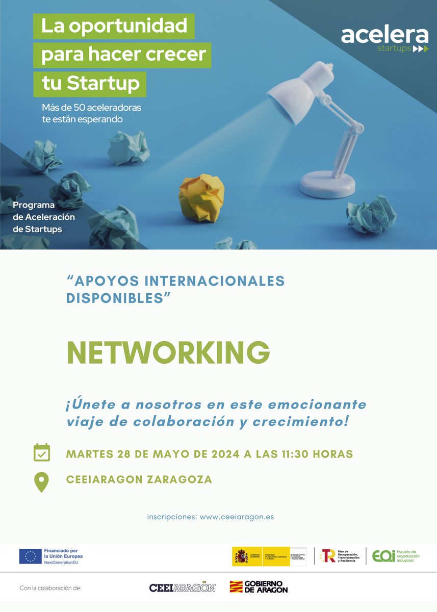 🛫¡Únete a este emocionante viaje de colaboración y crecimiento del Programa #AceleraStartups en el Networking 'Apoyos internacionales disponibles'! @EOI 🗓 28/05 ⌚ 11:30 h. 📌 @CEEIARAGON #Zaragoza 👥 Aforo limitado ✍ ¡Inscríbete aquí! 👉 lc.cx/wqC4zY