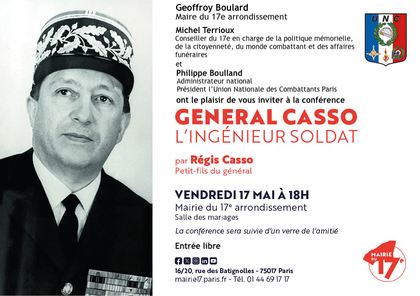 🕊️#Mémoire | Découvrez la conférence par Régis Casso, petit-fils du général, consacrée au parcours unique du Général Casso : ingénieur, résistant, commandant de la Brigade des Sapeurs-@PompiersParis et maire du 17e. 📅Vendredi 17 mai à 18h à la @Mairie17. ✅Entrée libre