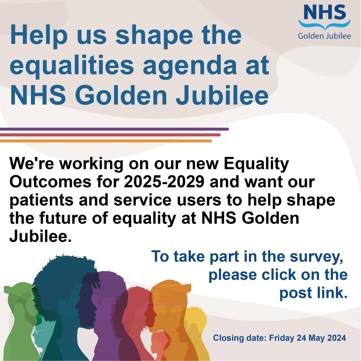 📣We need your help to establish our new set of Equalities Outcomes so that we can provide you with the best service to fit your needs. Please click the link to fill out our short survey and help share the future of equality at NHS Golden Jubilee👉 forms.office.com/Pages/Response…