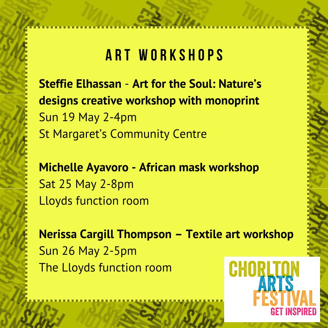 Like to sing? Make things? Perform? Be creative? #CAF24 has workshops for you across the Festival starting with <a href="/ManchesterVocal/">Manchester Vocal Ensemble</a> on Friday 17th and continuing until <a href="/nerissact/">Nerissa Cargill Thompson</a> on Sunday 26th. All details chorltonartsfestival.org