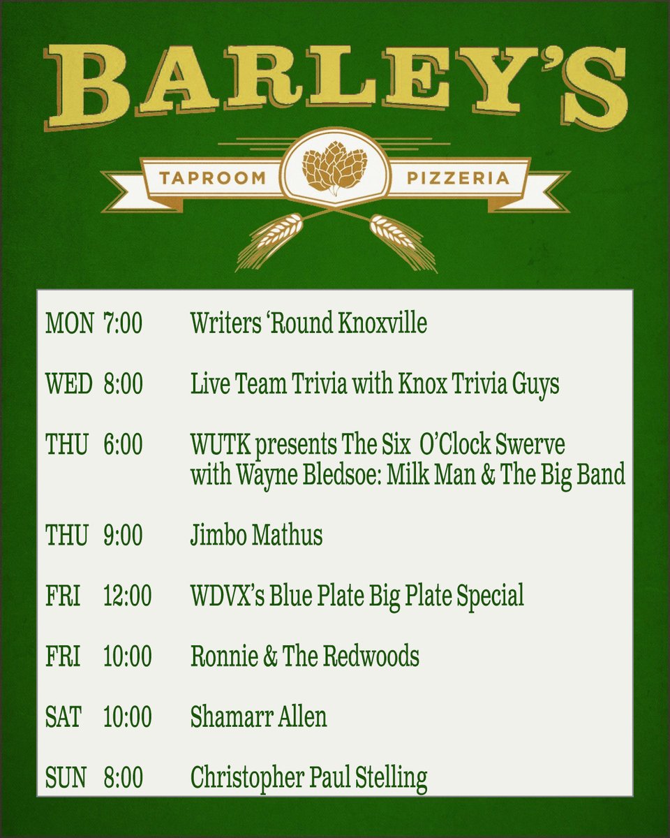 Happy Monday morning, #Knoxville!! 
We've got a great lineup this week to celebrate the end of the #UTKnoxville term!! Come by to see us for a celebratory drink to kick off summer vacation! 

#BarleysKnoxville #KnoxRocks #OldCityKnox
