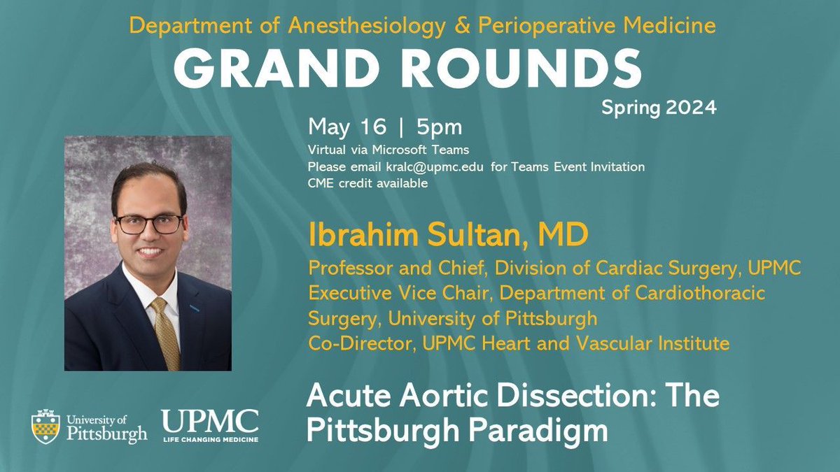 Grand Rounds on May 16 at 5:00pm: Dr. Ibrahim Sultan will present “Acute Aortic Dissection: The Pittsburgh Paradigm.” 📅 Event details: buff.ly/3UIpk05