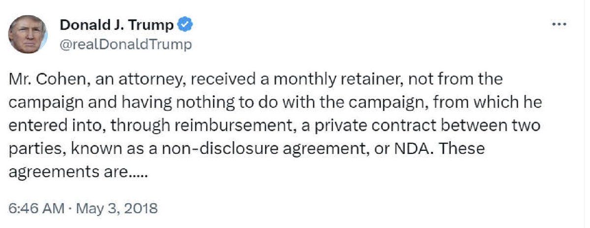 Good morning from New York. On Friday, the jury heard this Trump tweet recited into the record—about his 'reimbursement' to Michael Cohen for 'a non-disclosure agreement.' Trump's attorney denied the reimbursement when trial began. Soon, Cohen is expected to testify.🧵