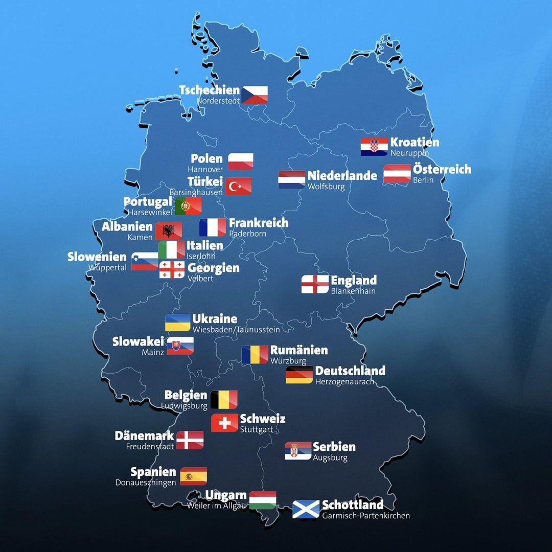 As the national leagues are about to finish up it's time to mentally prepare for UEFA Euro 2024. This map shows the homebases of all football teams as they prepare for the tournament in Germany.