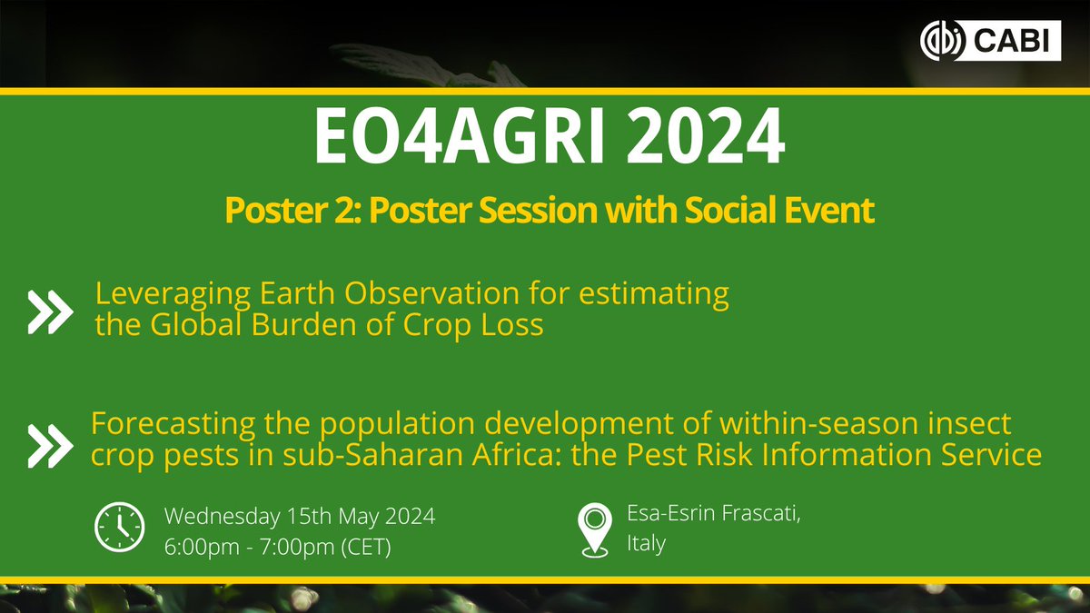 🌱Join us at EO4 AGRI 2024! Don't miss out on our poster sessions where we will unveil groundbreaking insights on leveraging earth observation to tackle crop losses and predict pests. ⏰Wednesday 15th May | 6:00pm - 7:00pm (CET) Watch the live event 👉ow.ly/BxGu50RE8o8