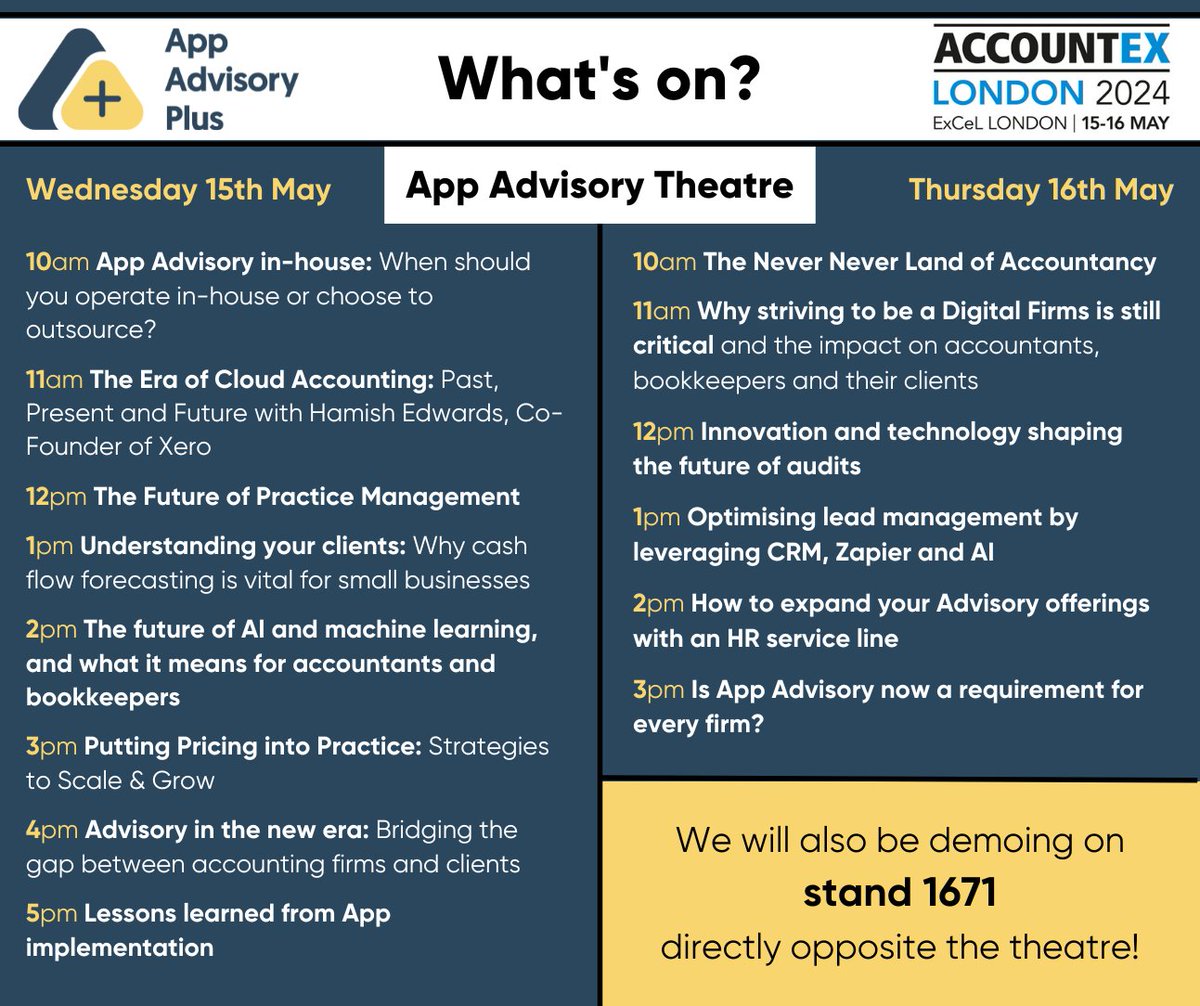 Don't miss our jam-packed programme of panels and seminars throughout @Accountex London! ✨ More information here: appadvisoryplus.com/resources/news…

Pus! Join our Scavenger hunt: appadvisoryplus.com/resources/blog… 

Two days of fun, see you there!

#accountex #accounting #cloudaccounting