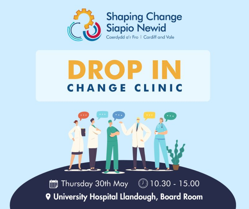 Our first ever Drop-In Change Clinic at University Hospital Llandough will be happening on Thursday, May 30th from 10:30am to 3:00pm. Spread the word and don't miss this opportunity. See you there! #ChangeClinic #ShapingChange #Improvement #Innovation #CardiffandValeUHB
