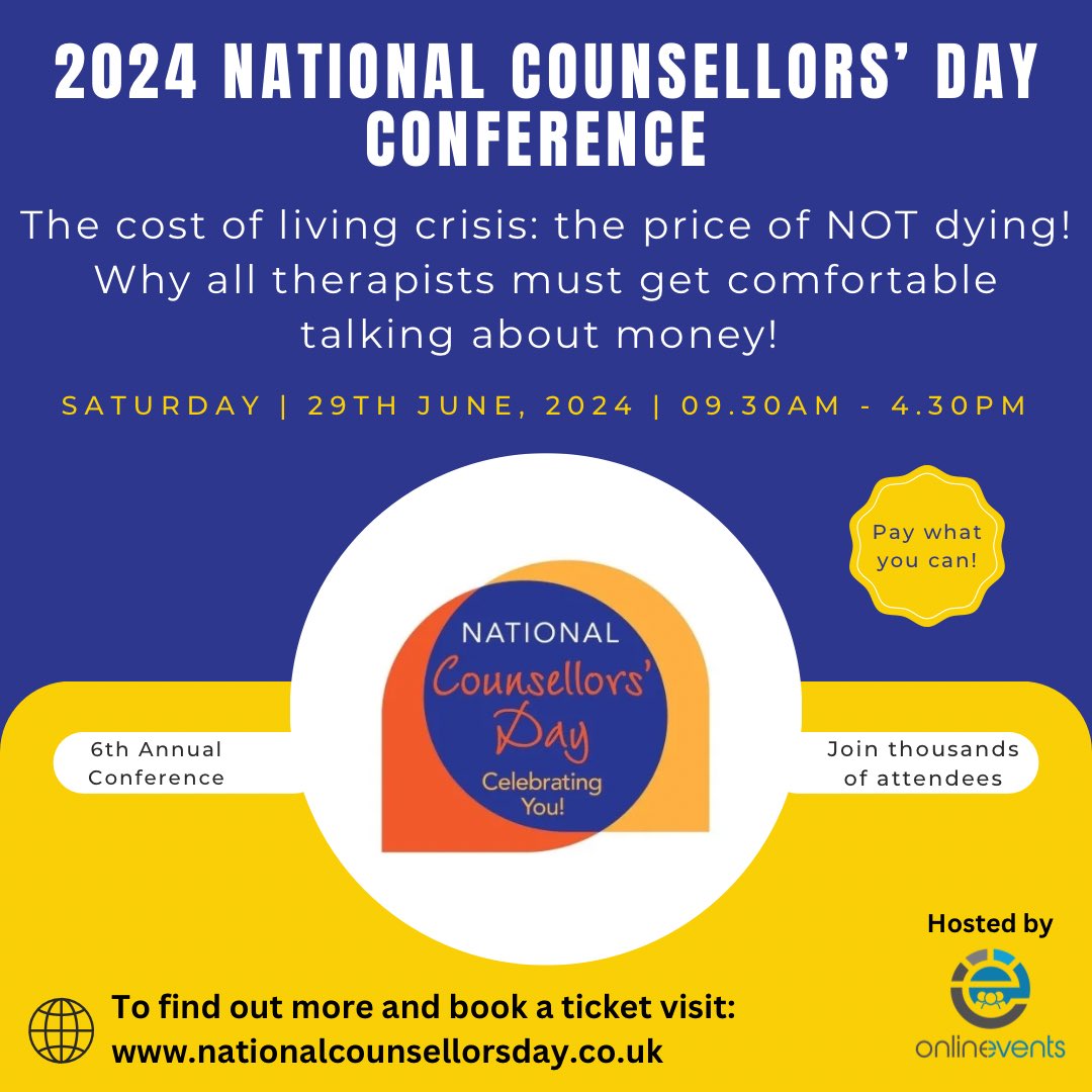 🌟 Join in the Conversation: National Counsellors' Day Conference 2024 is Coming!

At this years conference we challenge the limited dialogue in the therapy professions around the cost of living crisis and 1/ #therapistsconnect #nationalcounsellorsday2024