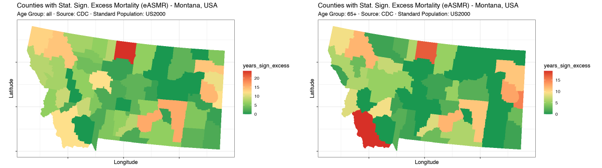 @denisrancourt @P_McCulloughMD Yes! I.e. in Montana, USA we can identify many counties that have no stat. sign. change in all-cause mortality than what would have been expected! (Areas in dark green)