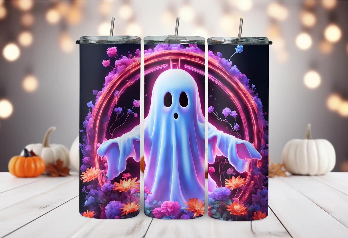 Halloween floral neon ghost, 20oz and 30oz skinny and tapered tumbler wraps, sublimation PNG, Digital Download, Commercial Use tuppu.net/93998ec6 #Etsy #PaperlessPrettiesArt #TumblerDesign