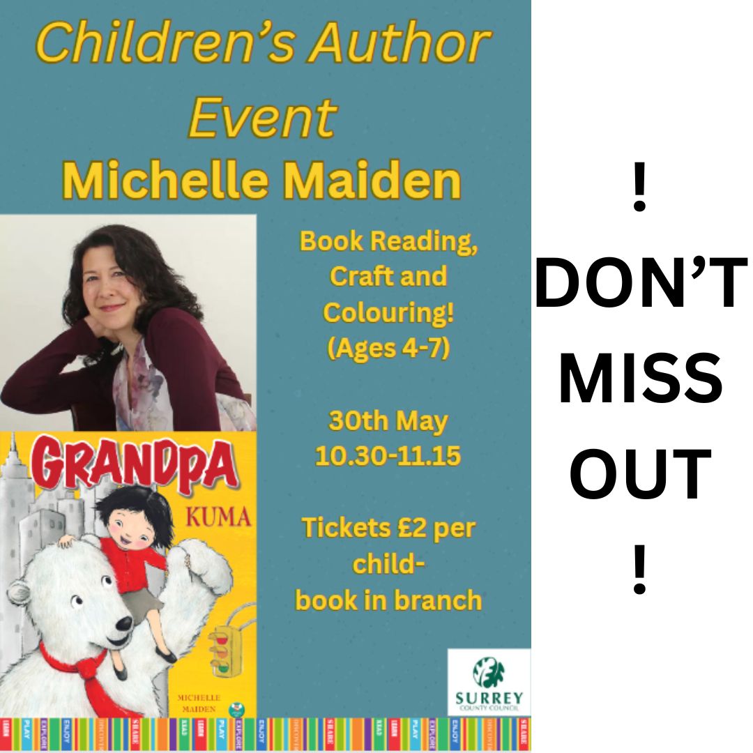 Ready to read, craft and colour?! Don't miss this event happening at Guildford Library with author Michelle Maiden. Join us on 30th May from 10.30 to 11.15. Book a ticket for £2 next time you come to the library! #EventsForChildren #michellemaiden @SurreyLibraries