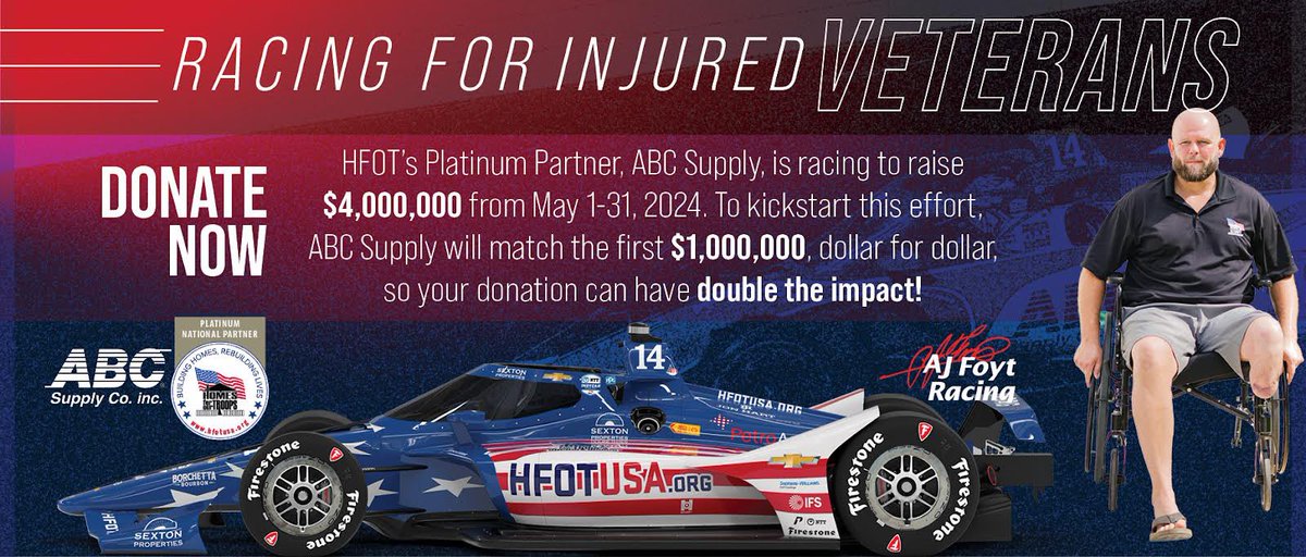 .@HomesForOurTrps will be spotlighted during the 108th running of the #Indy500! ABC Supply Co. Inc., gifted the design of #14 AJ Foyt Racing Chevrolet and will match all donations made to HFOT up to $1 million from 5/1 -5/31. 🇺🇸 Give now: bit.ly/3Nt2Wod