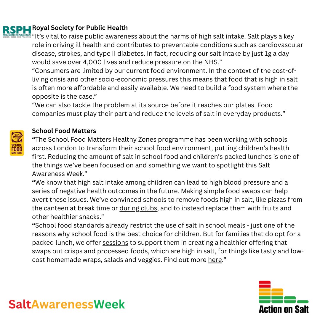 Thank-you to @FPH, @heartresearchuk, @Kidney_Research, @LEYFonline, @NutritionScot, @OHA_updates, @RealBread, @R_S_P_H and @sfmtweet for supporting #SaltAwarenessWeek 2024