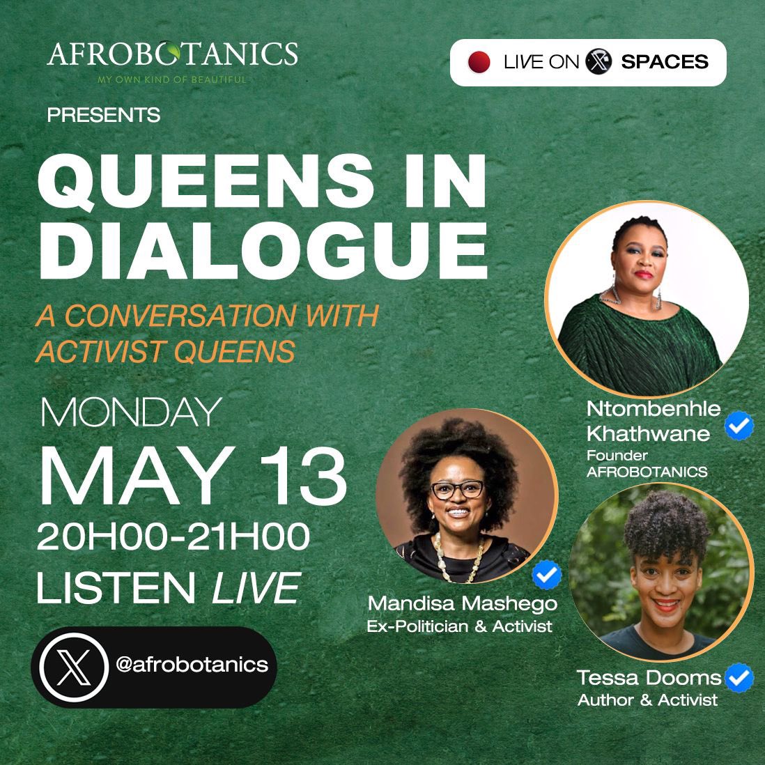 Join us tonight on @AfroBotanics X Space for a conversation with <a href="/Tessa_Dooms/">Tessa Dooms</a> and <a href="/Mandisa_Mashego/">General Cele</a> as commentators and activists, what do they think is different about this election cycle? Is this a landmark election?