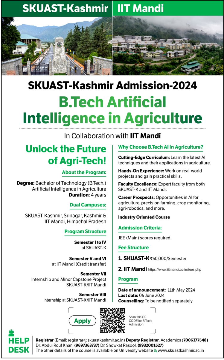 SKUAST-Kashmir Admission 2024 - B.Tech in Artificial Intelligence in Agriculture. Scan the provided QR code for further details. #KrishiJagran #SKUSAT #SkuastKashmir #BtechAdmissions2024 #ArtificialIntelligence #Agriculture