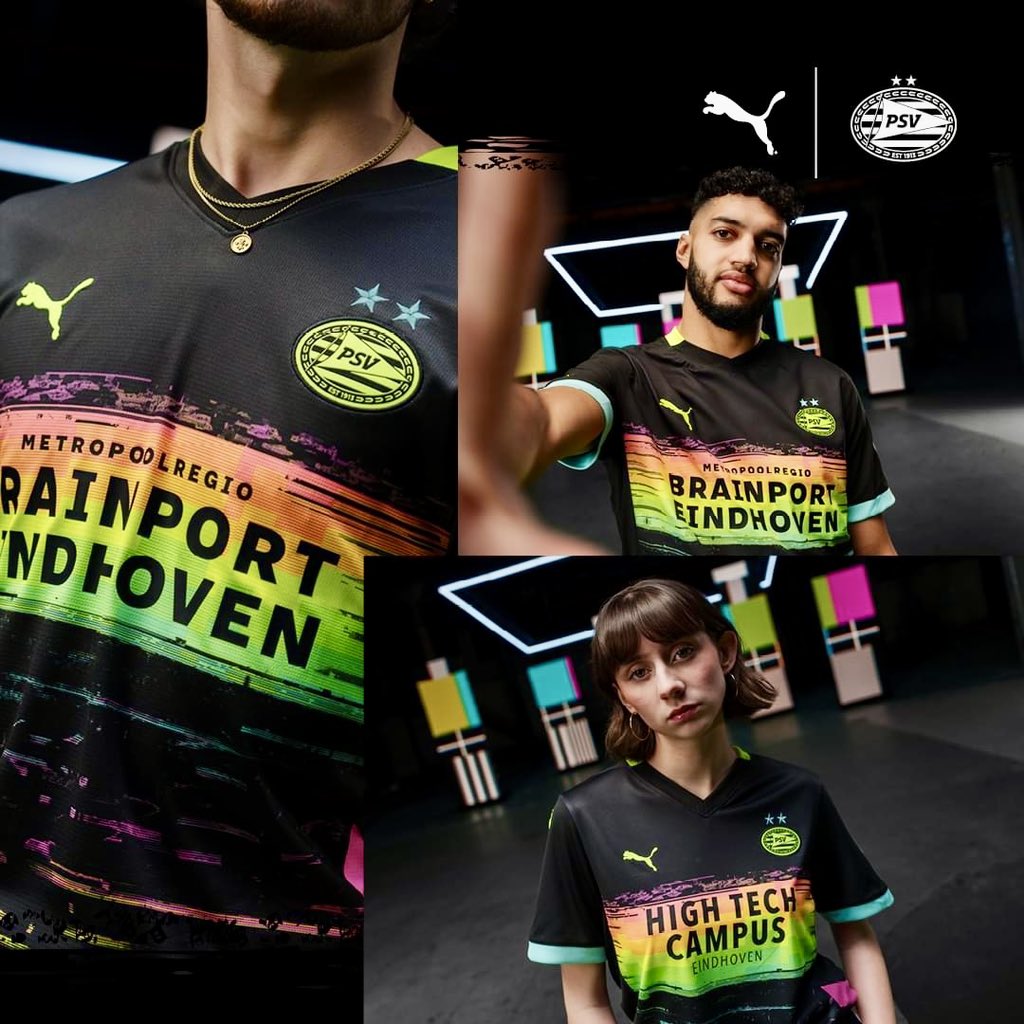 Nova camisa 2 do @PSV para a próxima temporada.🧬 Uma homenagem à Philips, empresa que deu origem ao time, com a icônica imagem de teste criada pela própria marca.📺🌈 Demais, @pumafootball! #PSV