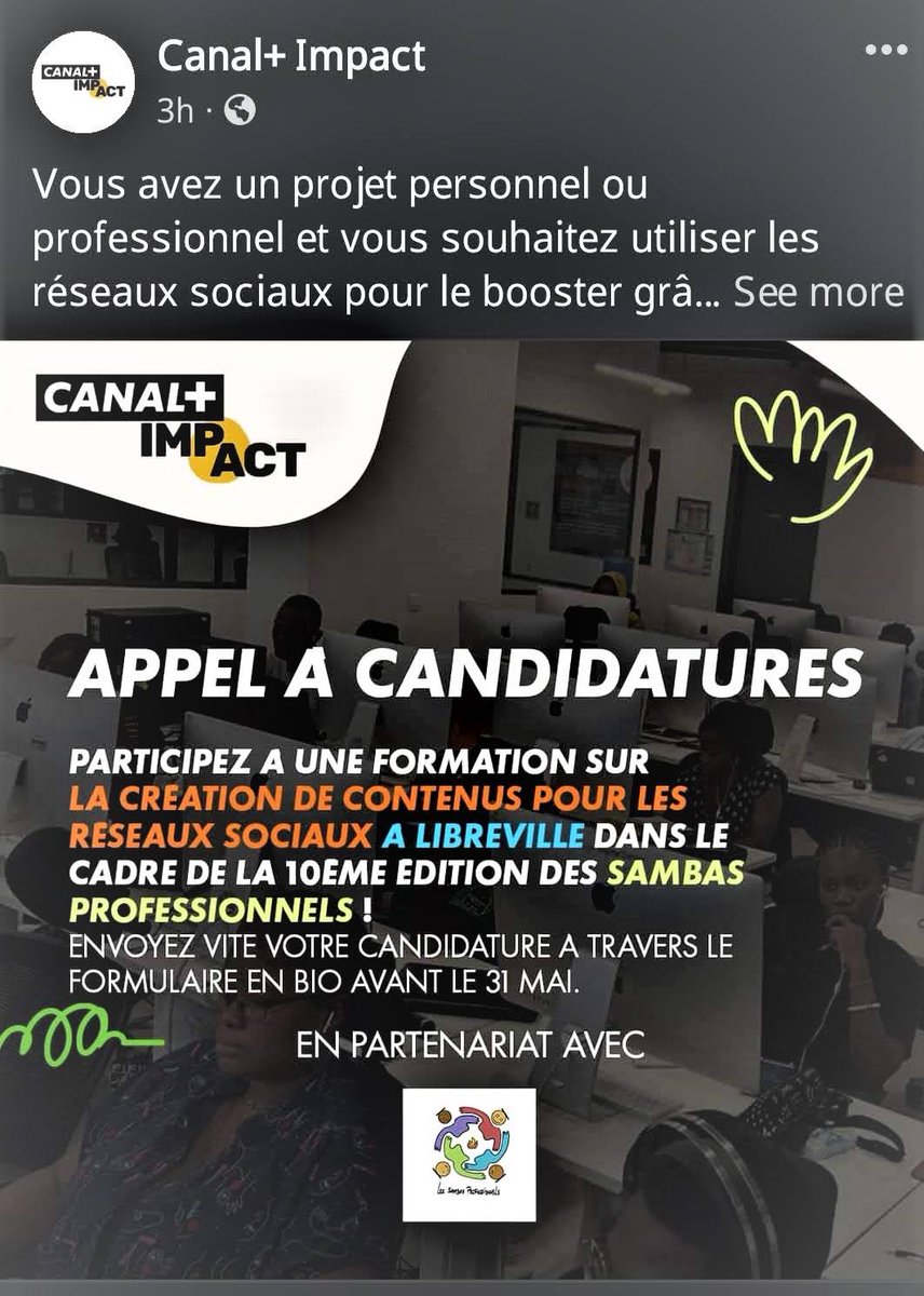 ⬜🟩 Canal+ sponsorise l'atelier "Numérique et Digital" de cette 10e édition des Sambas Professionnels parrainée par Sylvere Boussamba.

Les inscriptions pour participer à cet atelier se font depuis le formulaire ci-après : forms.gle/9GojhGH8GENK8N… .