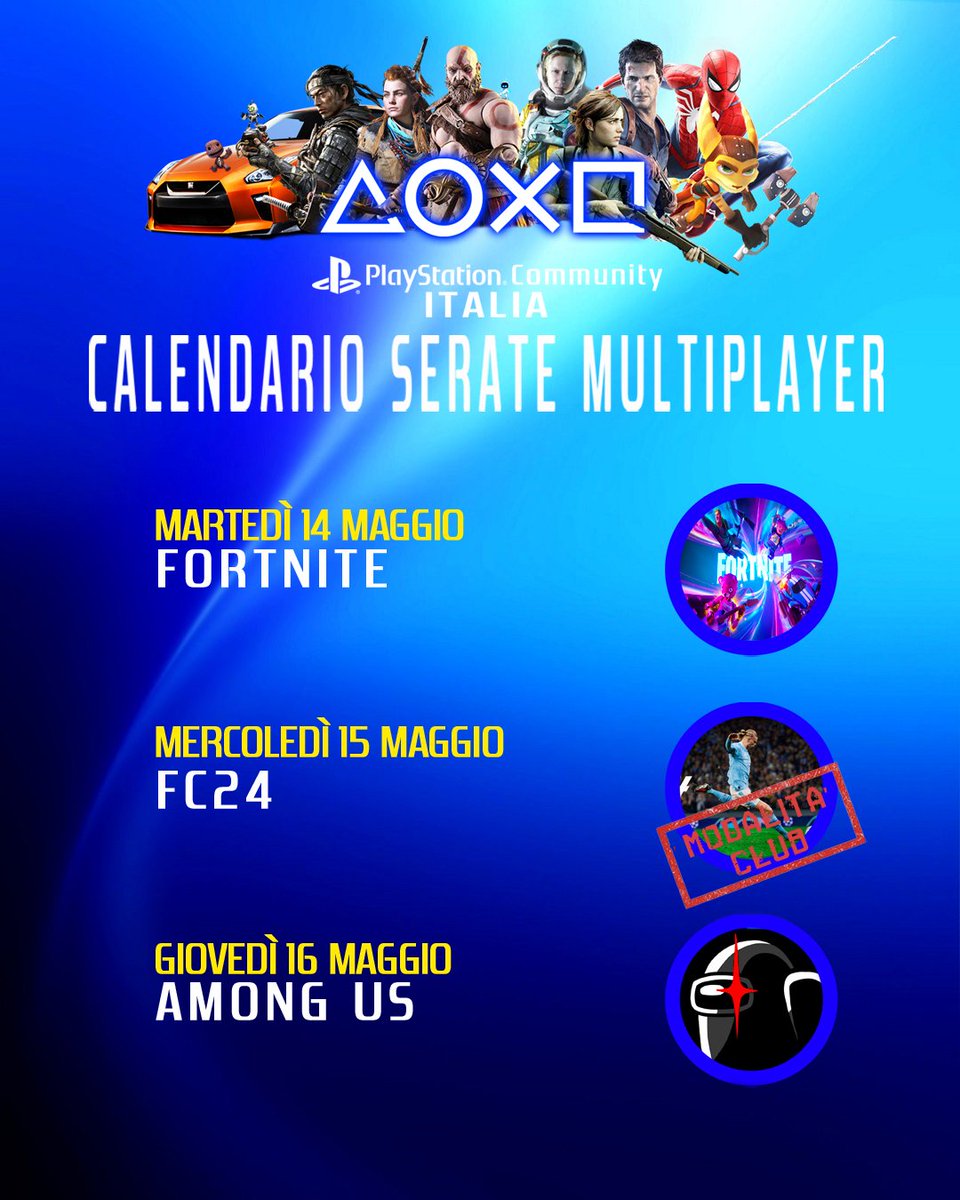 Cirik88's tweet image. Le Serate Multiplayer organizzate dalla @PSCommunityIT per questa settimana. Per partecipare seguite il link per facebook -&amp;gt; facebook.com/groups/PlaySta… 
o Discord-&amp;gt; discord.gg/pSrUrAy5Pr

#Fortnite #FC24 #AmongUs #PS5 #PS4 #multiplayer #PlayStation #videogames