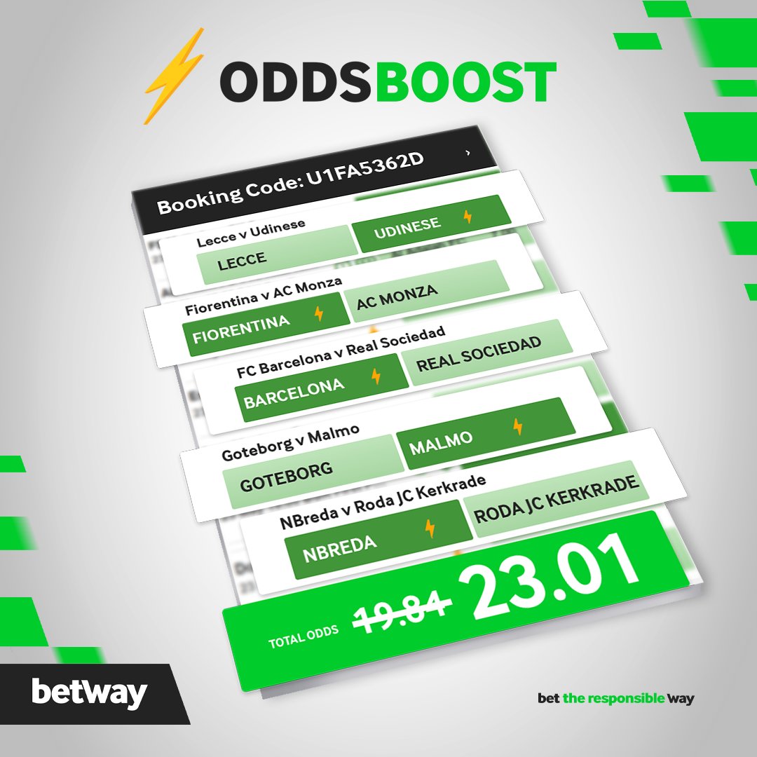 Boosted Odds Betslip ⚡⚽ 5 Games Total Odds: 23.01 Booking Code U1FA5362D Place your bets now bit.ly/3MJ1uxD #BetwaySquad