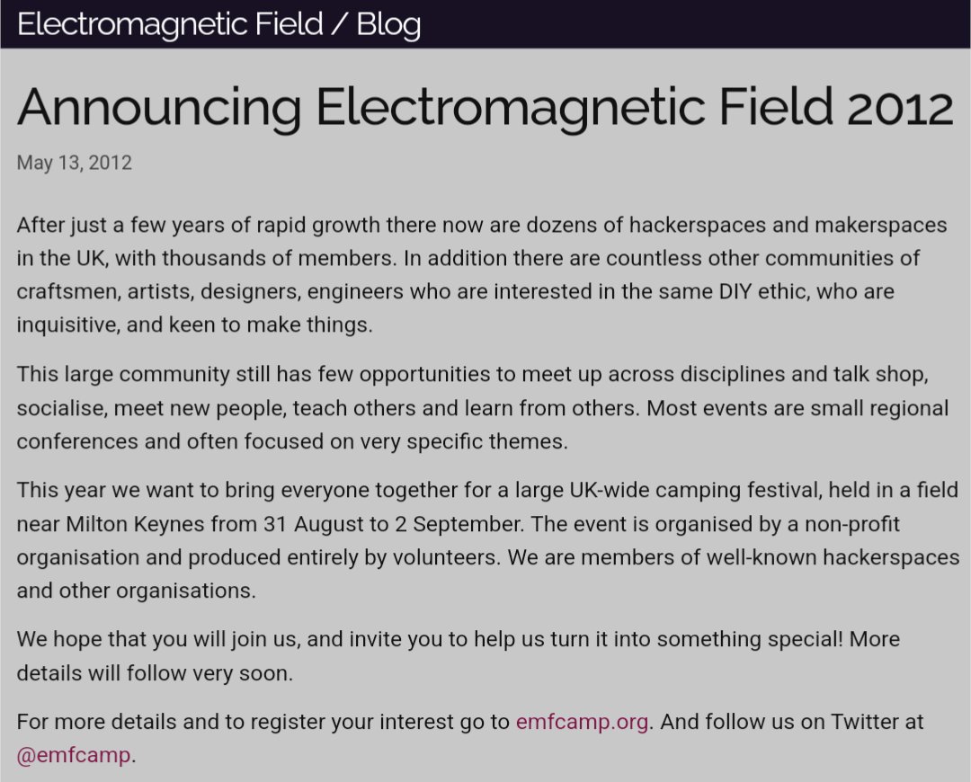 emfcamp's tweet image. Exactly 12 years ago we announced the first Electromagnetic Field