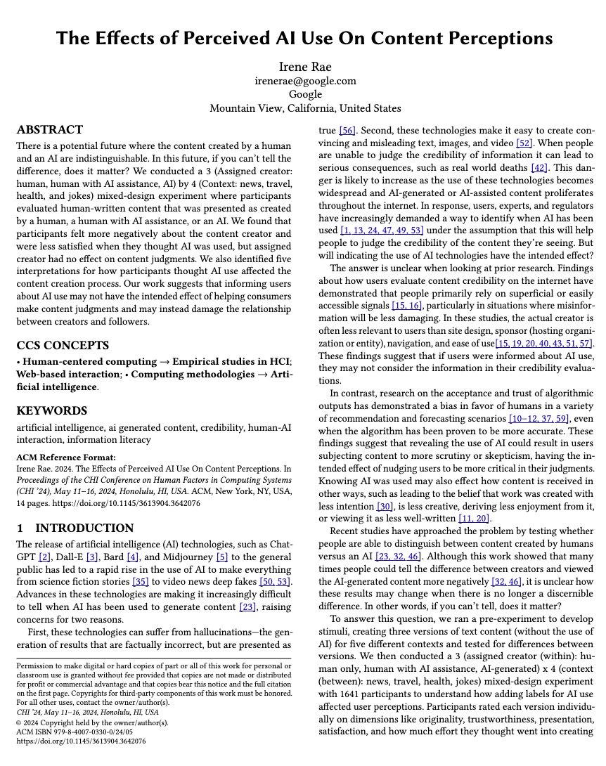 This <a href="/acm_chi/">ACM CHI Conference</a> paper found people perceive content labeled as human and AI-generated as equally original, trustworthy, and informative. 

Perceptions are bound to change as Generative AI becomes more used. Can someone please do some meta-analysis on this!?

dl.acm.org/doi/10.1145/36…