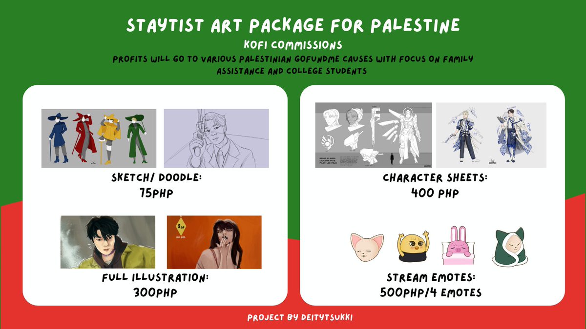 [RTS APPRECIATED]
STAYTIST ART PACKAGES FOR PALESTINE:
Donate the following amount and receive a package with various benefits. Donations will go to various Palestinian Gofundmes that will assist families and students in need.

Fill up the link below:
forms.gle/EsNynYLnYBKjeq…
