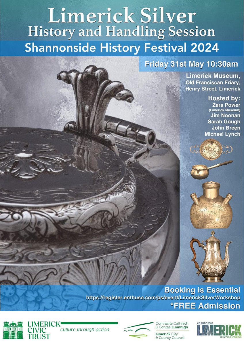 As part of Shannonside History Festival in Limerick, Limerick Museum will hold a Limerick Silver History and Handling session on Friday 31 May at 10.30am. It’s Free Admission, but Booking is Essential. Bookings: +353 61 557740 / museum@limerick.ie @LimerickMuseum @Limerick_ie