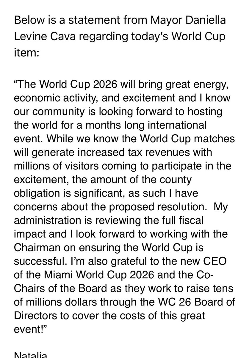 Just ahead of a committee hearing on a proposed $46M Miami-Dade tab for World Cup in ‘26, @MayorDaniella says she has concerns about the steep costs.