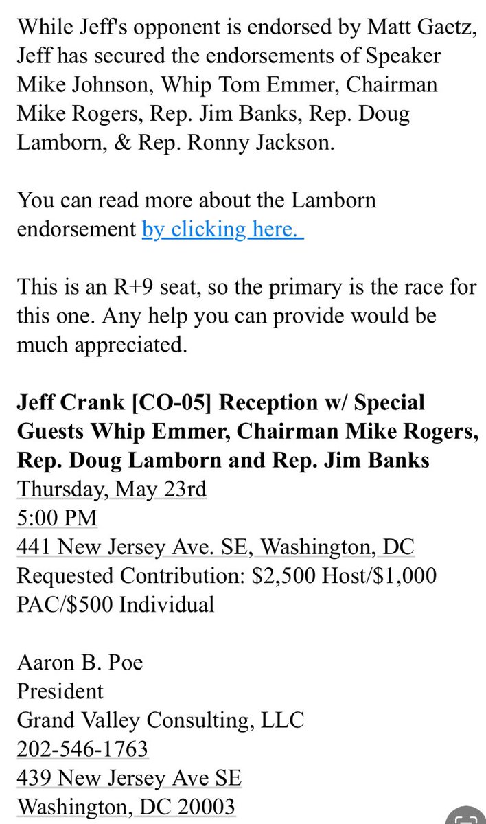 SWAMP ALERT: @RepDaveWilliams is the TRUMP ENDORSED candidate in CO-05. House Leadership is instead backing a guy named Jeff ‘Crank’ (really). He sounds lame. And they’re begging special interest PACs and donors to support the Crank campaign - BECAUSE I SUPPORT DAVE