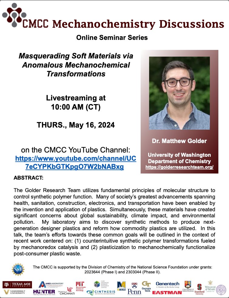 Interested in materials? Enthusiastic about mechanochemistry? Why not put them both together!! Our CMCC Mechanochemistry Discussions speaker, Dr. Matthew Golder will be sharing his work with us on Thursday on our YouTube. Tune in with us!
youtube.com/@cmcc-mechanoc…