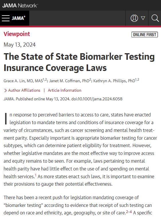 Viewpoint discusses laws mandating insurance coverage of biomarker testing to broaden access to care for patients with cancer. ja.ma/3JXfzEW