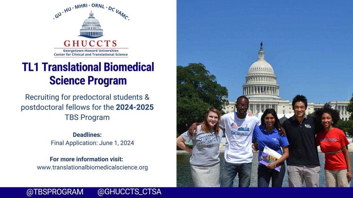The TL1/TBS Program is recruiting predoctoral students and postdoctoral fellows for the 2024-2025 cycle. DEADLINE 6/1/24. Learn more: translationalbiomedicalscience.org/program @GHUCCTS_CTSA @MedStarResearch @GradSchoolHU @biomedgrad @georgetownPDA @HU_GradSchool