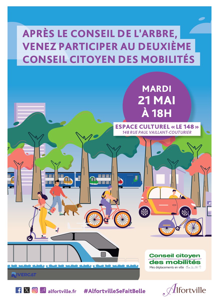 📣Assistez au deuxième Conseil des Mobilités le mardi 21 mai à 18h à l'Espace culturel 'Le 148' ➡️A l'ordre du jour : la mise en service du service de location de voitures partagées Citiz, la limitation de vitesse à 30km/h en centre-ville, le trafic du RER D, et le vélo en ville
