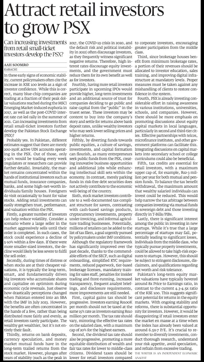 In today's @etribune,  we focus on the need to increase retail investors in Pakistan's Stock Exchange.

For market to develop and equitable distribution of wealth, progressive tax and incentives are vital for a win-win-win for companies, government and investors.