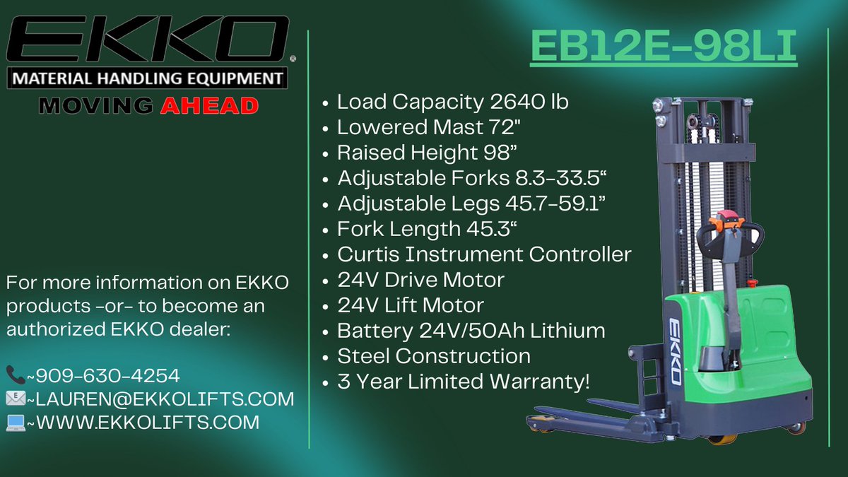 EB12E-98Li Electric Straddle Stacker with a 72' lowered mast can get underneath any doorway and is designed with the combination of the versatility of a forklift, a reach truck, and a walkie stacker.

909-630-4254
LAUREN@EKKOLIFTS.COM
#ekko #ekkolifts #ordernow #materialhandling