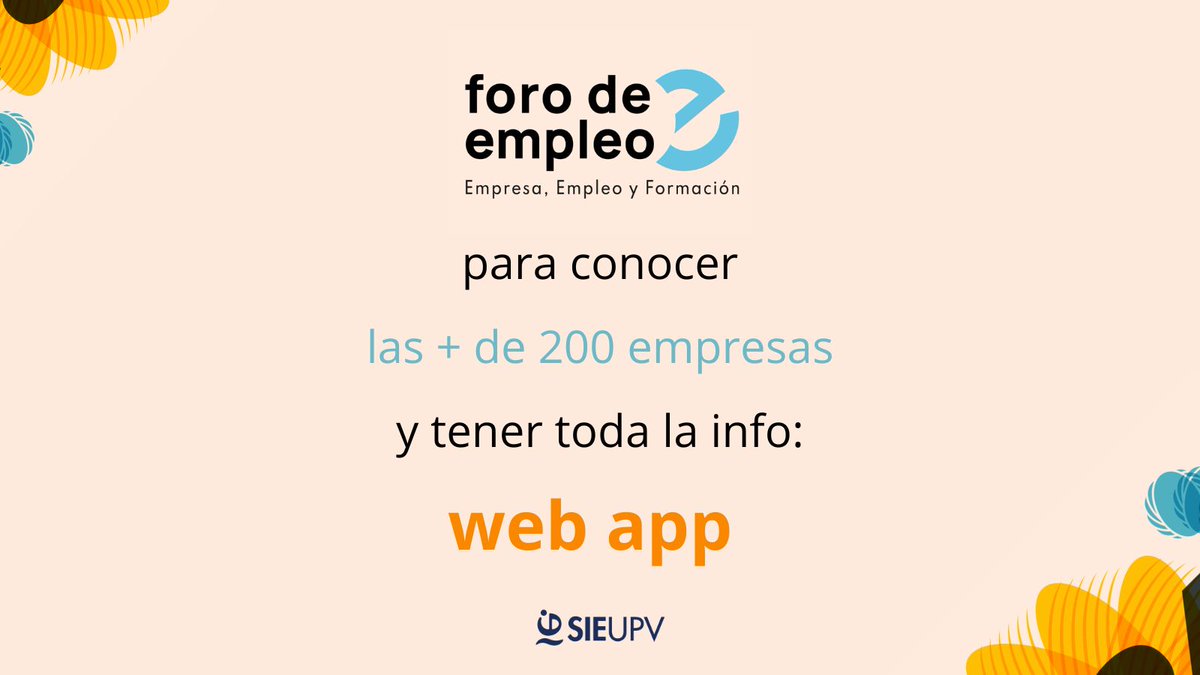 #foroeupv es un encuentro entre empresas, estudiantes y titulados en el campus de Vera de Valencia los días 29 y 30 de mayo, de 10 a 18 h, con la participación de más de 200 empresas. Se proporciona una web app para acceder a la info del evento y de las empresas. ¡Te esperamos!😁