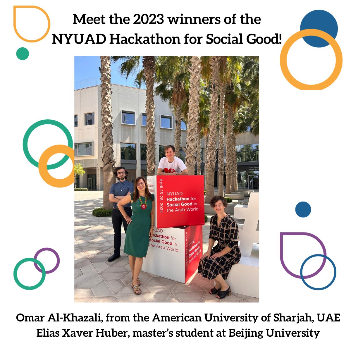 Open Quantum Institute (OQI) (@oqi_at_cern) on Twitter photo Meet the participants who won the <a href="/NYUAbuDhabi/">NYU Abu Dhabi</a> Hackathon for Social Good in 2023!
Returning to this year’s hackathon as mentors, is Omar Al-Khazali, from the American University of Sharjah, UAE, and Elias Xaver Huber, master's student at Beijing University. Meet the participants who won the <a href="/NYUAbuDhabi/">NYU Abu Dhabi</a> Hackathon for Social Good in 2023!
Returning to this year’s hackathon as mentors, is Omar Al-Khazali, from the American University of Sharjah, UAE, and Elias Xaver Huber, master's student at Beijing University.