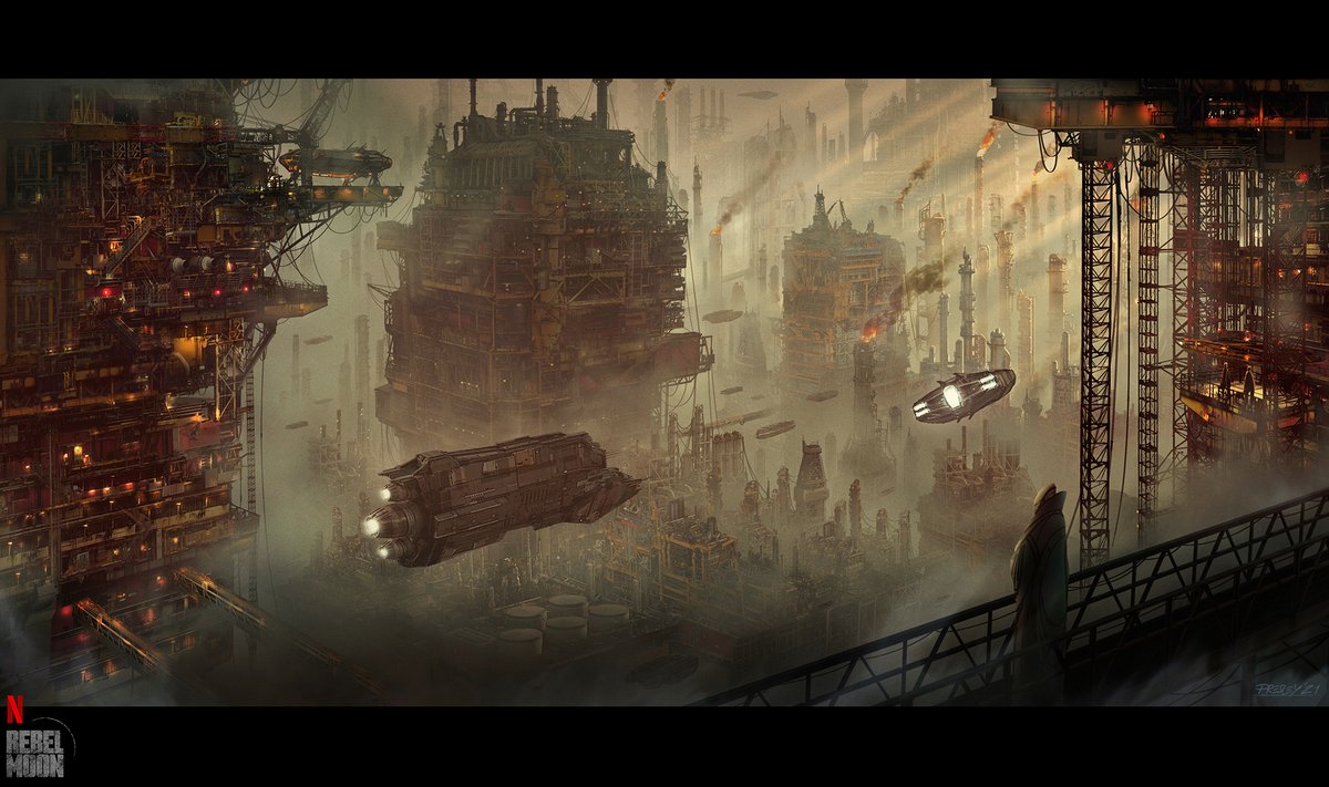 Daggus – Rebel Moon. Concept art for the mining colony, w/ the look for the city's industrial mega-structures looming over favelas where the lines between mining and living are blurred. Shapes inspiration came from an earlier work by Jared Purrington. #rebelmoon #conceptart